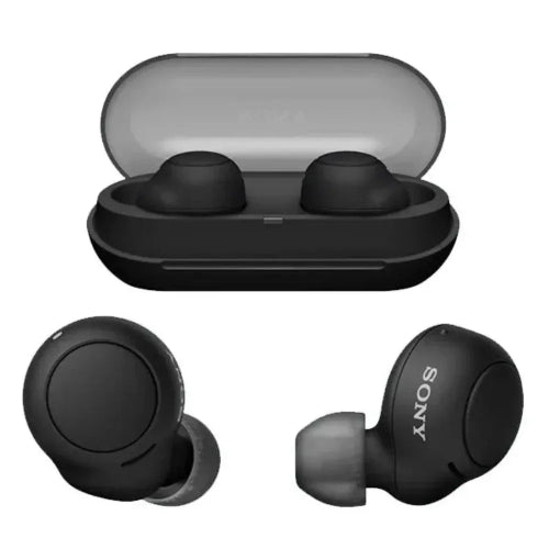 Sony WF-C500 Black true wireless earbuds displayed beside their compact USB-C charging case