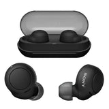 Sony WF-C500 Black true wireless earbuds displayed beside their compact USB-C charging case