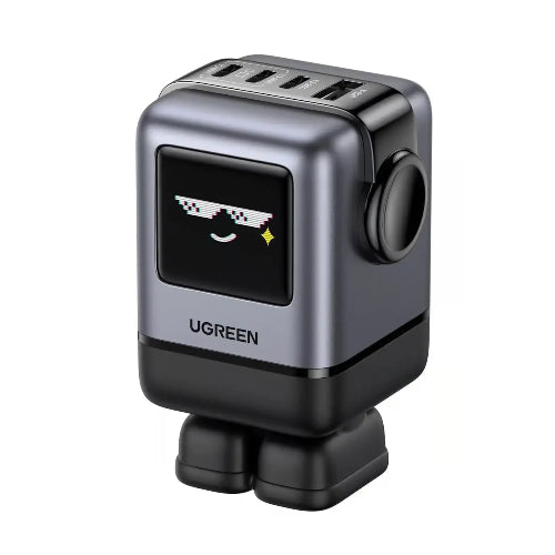 UGREEN Uno 100W GaN Charger 45514 with 3 USB-C ports, 1 USB-A port, TFT smart display, compact robot-style design, and US plug for fast charging laptops, phones, tablets, and accessories.