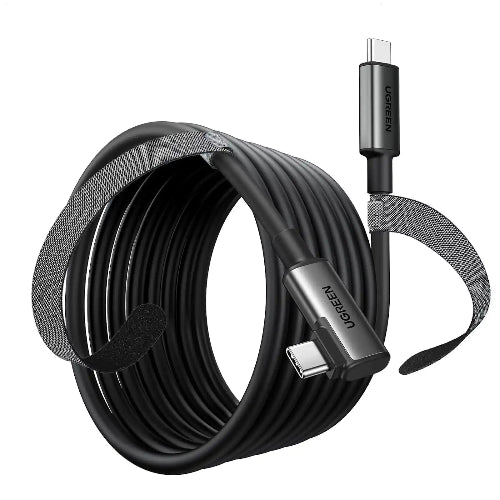 UGREEN Right Angle USB-C Link Cable 5m 90629 with USB-C to USB-C connectors, 90-degree design, 5Gbps data transfer, and 60W power delivery support for VR headsets, laptops, tablets, and USB-C devices.