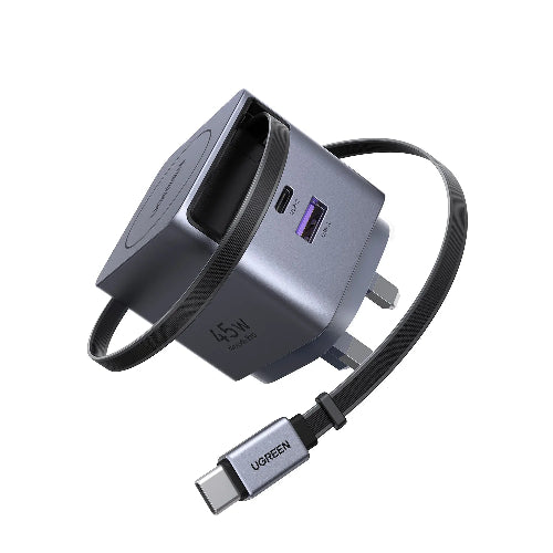 UGREEN 45W Nexode Pro GaN charger X614 with built-in retractable USB-C cable and triple-port fast charging