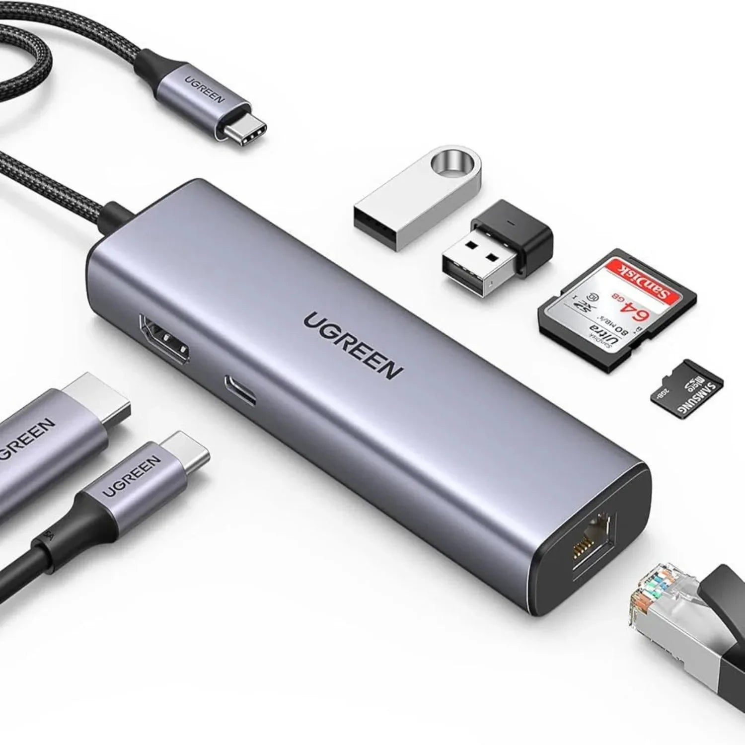 UGREEN 90119 USB-C Hub – 2×USB 3.0 + 1×USB 2.0 + 2×HDMI + RJ45 + SD + TF + PD (4K@60Hz) – Best Price in Pakistan | Dynsol.pk - dynsol