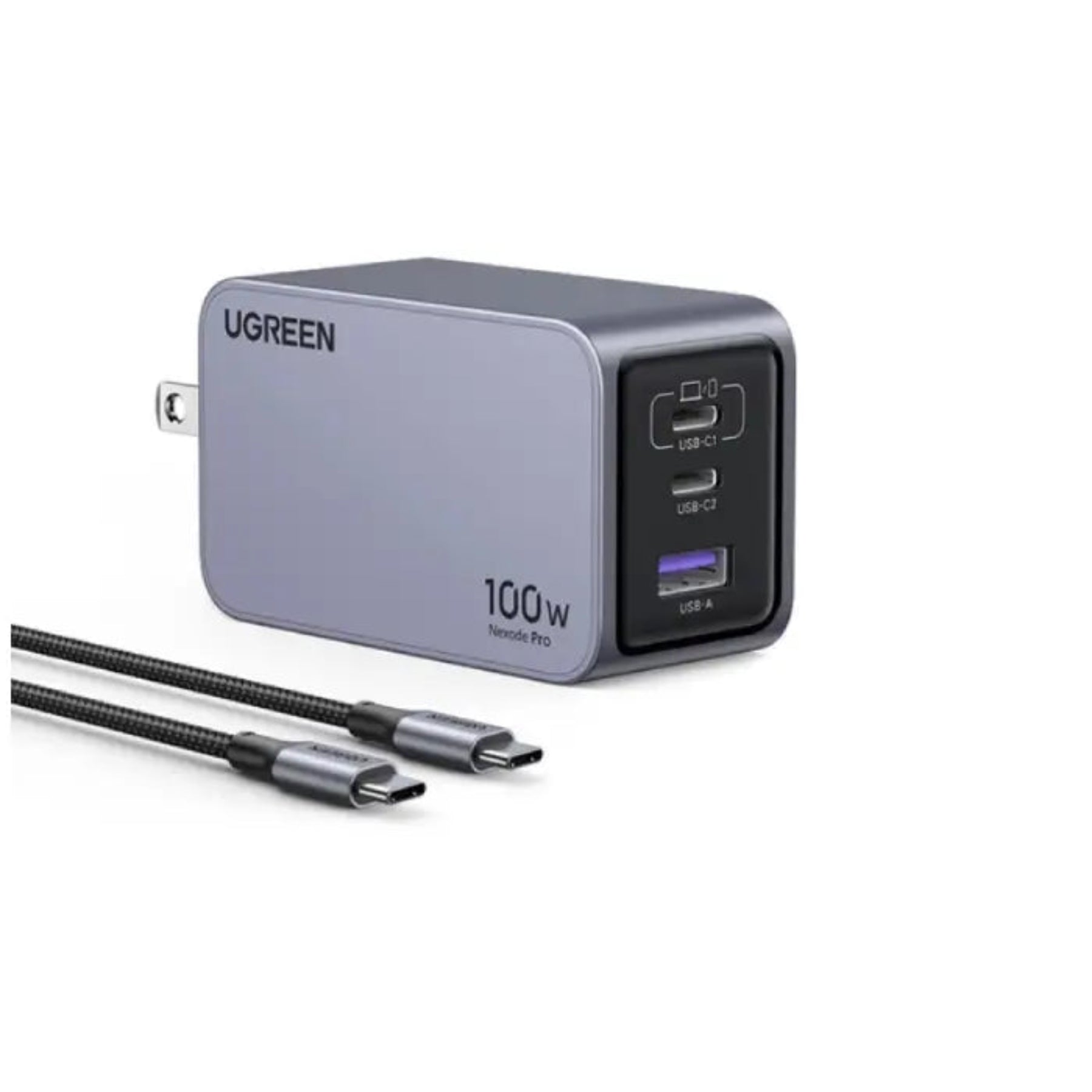 UGREEN 100W power adapter with multiple USB ports and cables on a white background