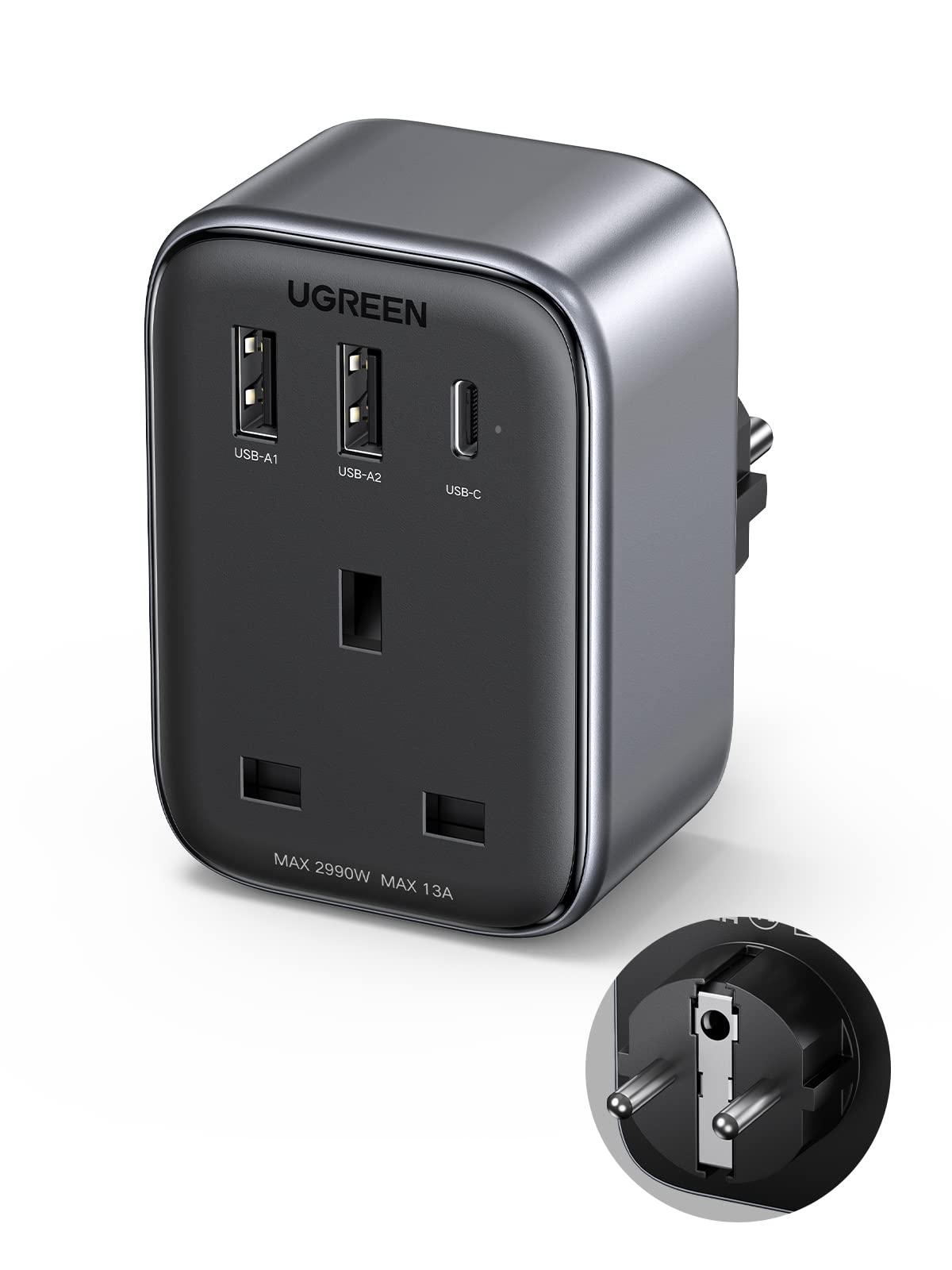 Ugreen UK To European Plug Adapter PD 30W Travel Adapter With USB C GaN Fast 4-In-1