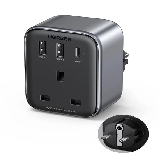 Ugreen UK to European Plug Adapter PD 30W Travel Adapter with USB‑C GaN Fast 4‑In‑1 – Best Price in Pakistan | Dynsol.pk - dynsol