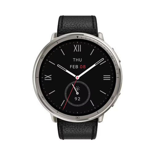Amazfit Active 2 Premium Edition smartwatch in black and red design with AMOLED display, leather strap, sports strap, and GPS features