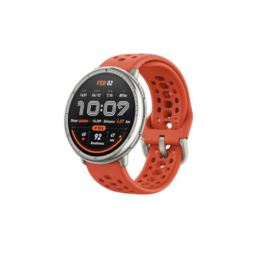 Black Amazfit Active 2 Premium smartwatch with red silicone strap, sapphire glass display, and premium fitness tracking features