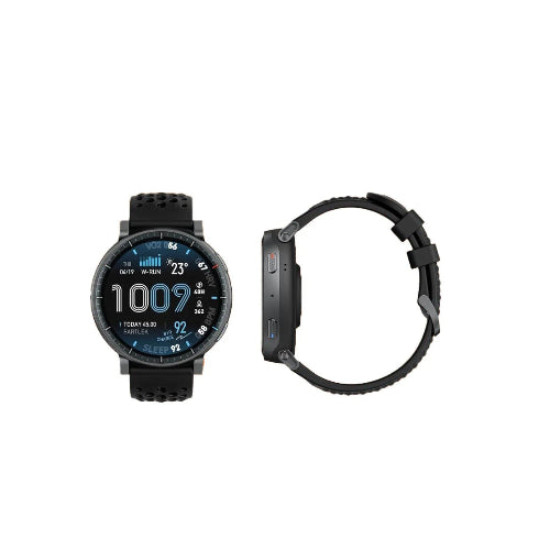 Amazfit Active Max black smartwatch side view with premium design and silicone strap
