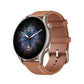 Amazfit GTR 3 Pro smartwatch with a round AMOLED display, silver aluminum case, and elegant brown leather strap.
