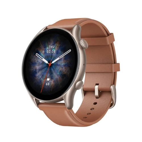 Amazfit GTR 3 Pro smartwatch with a round AMOLED display, silver aluminum case, and elegant brown leather strap.