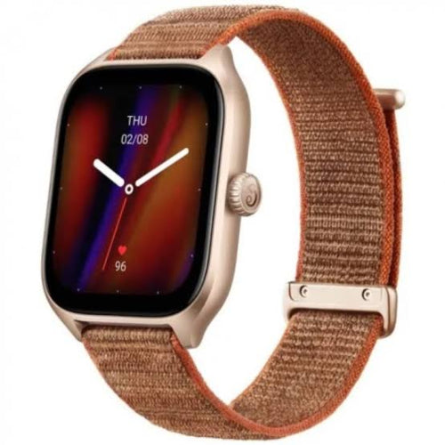 Amazfit GTS 4 Autumn Brown smartwatch with a 1.75-inch AMOLED display, brown woven nylon strap, and slim rectangular aluminum case.