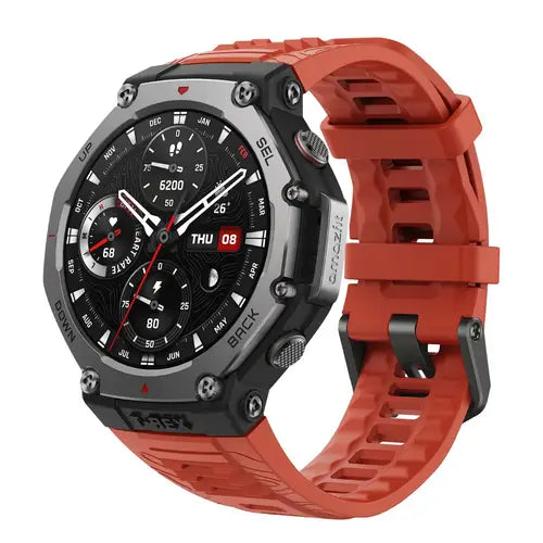 Amazfit T-Rex 3 red rugged smartwatch with military grade design and fitness tracking features