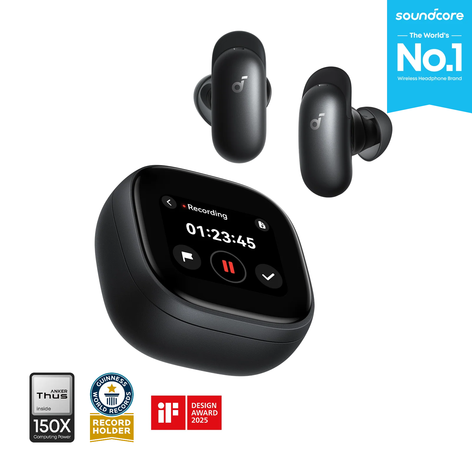Anker Liberty 5 Pro Max Black Bluetooth earbuds with noise cancellation design