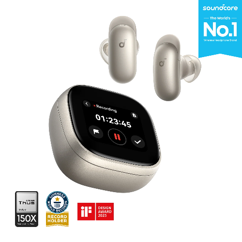 Anker Liberty 5 Pro Max Titanium Gold wireless earbuds with premium charging case