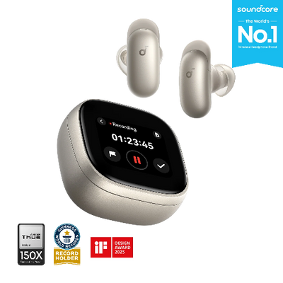 Anker Liberty 5 Pro Max Titanium Gold wireless earbuds with premium charging case