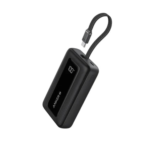 Anker Zolo PowerBank 10000mAh 30W A1688 in black with built-in USB-C cable, fast charging support, and compact portable design for iPhone, Android, and USB-C devices.