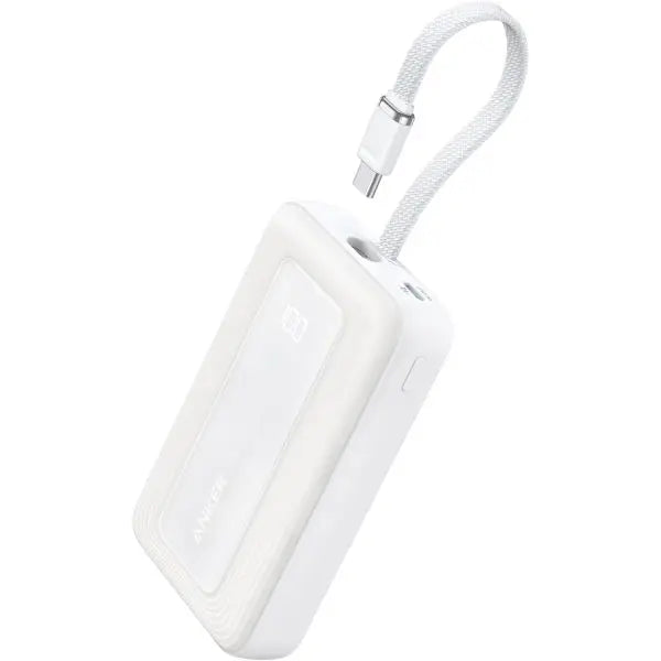 White Anker Zolo A1688 compact 30W portable charger with built-in USB-C cable for iPhone, Android, and USB-C devices.