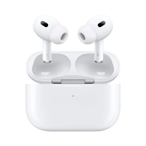 Apple AirPods Pro 2 earbuds inside an open MagSafe charging case