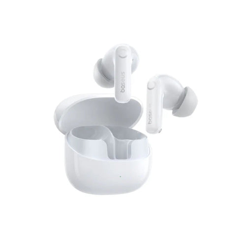Baseus Bass BP1 Pro in-ear true wireless earbuds in white, earbuds lifted from charging case, side view