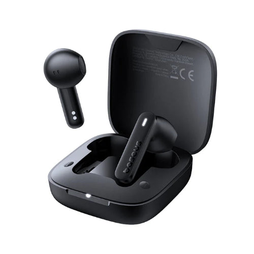 Baseus Bowie E16 black true wireless earphones with open charging case front side angle