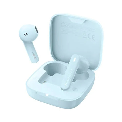 Baseus Bowie E16 blue true wireless earphones with open charging case front side angle