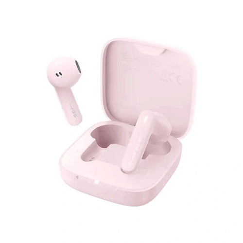 Baseus Bowie E16 pink true wireless earphones with open charging case front side angle
