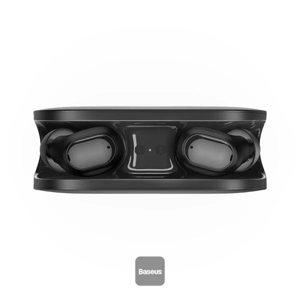 Baseus Bowie EZ10 black wireless earbuds placed inside charging case front view