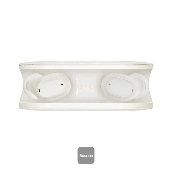 Baseus Bowie EZ10 white wireless earbuds placed inside charging case front view
