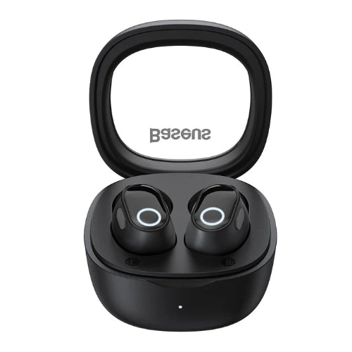 Baseus Bowie WM02 black true wireless earphones in open charging case front view