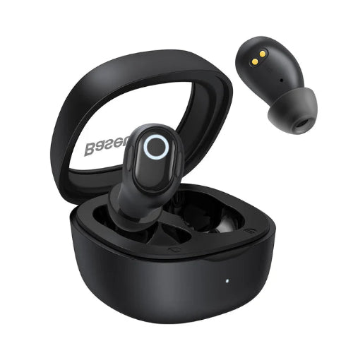 Baseus Bowie WM02 black wireless earbuds with open charging case side angle