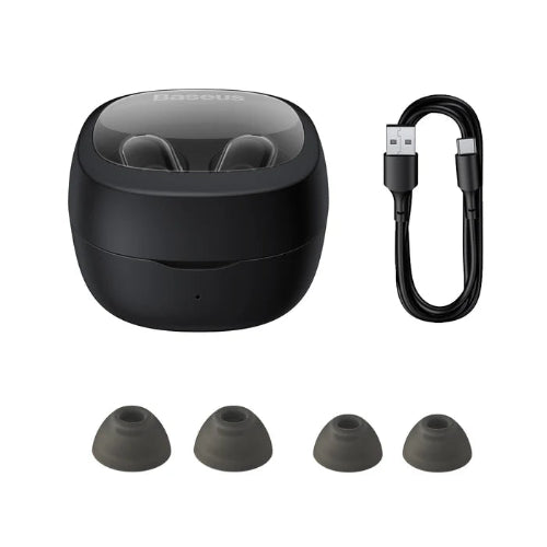 Baseus Bowie WM02 black true wireless earphones with charging case Type-C cable and ear tips front view