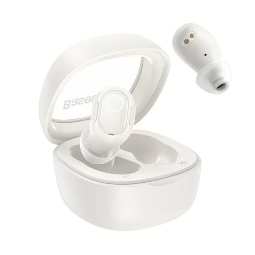 Baseus Bowie WM02 white true wireless earphones in open charging case front view