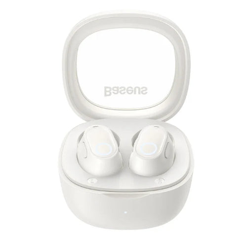 Baseus Bowie WM02 white wireless earbuds with open charging case side angle