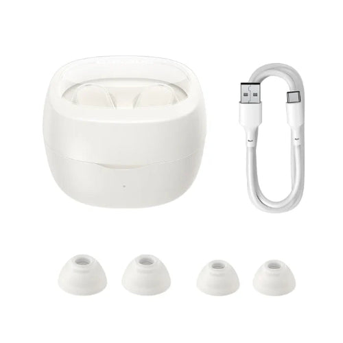 Baseus Bowie WM02 white true wireless earphones with charging case Type-C cable and ear tips front view