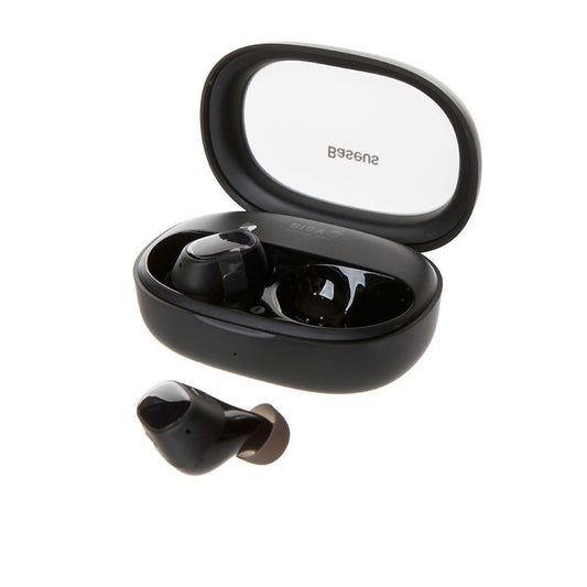 Baseus Bowie WM03 true wireless earphones in black with charging case, one earbud outside the case