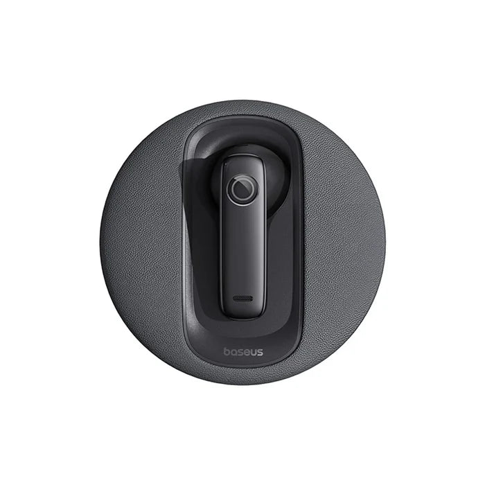 Baseus C-Mic CM10 black smart wireless earphone docked in charging base top front view