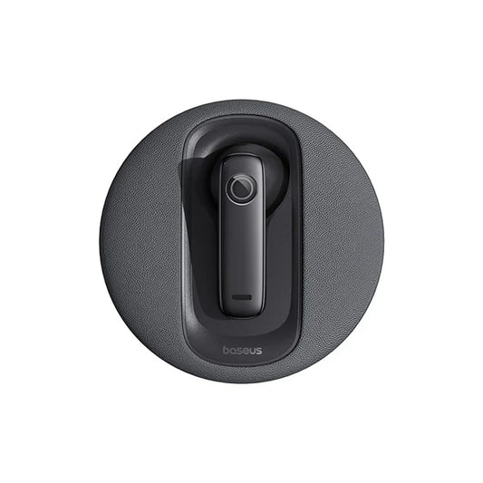 Baseus C-Mic CM10 black smart wireless earphone docked in charging base top front view