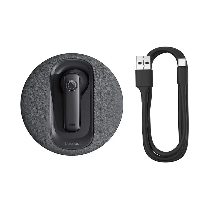 Baseus C-Mic CM10 black smart wireless earphone with Type-C charging cable front view