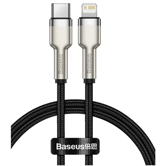 Baseus Cafule Series Metal Data Cable showing USB Type-C to Lightning connector with 20W PD fast charging and black 2-meter braided cable