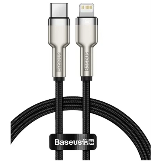 Baseus Cafule Series Metal Data Cable showing USB Type-C to Lightning connector with 20W PD fast charging and black 2-meter braided cable