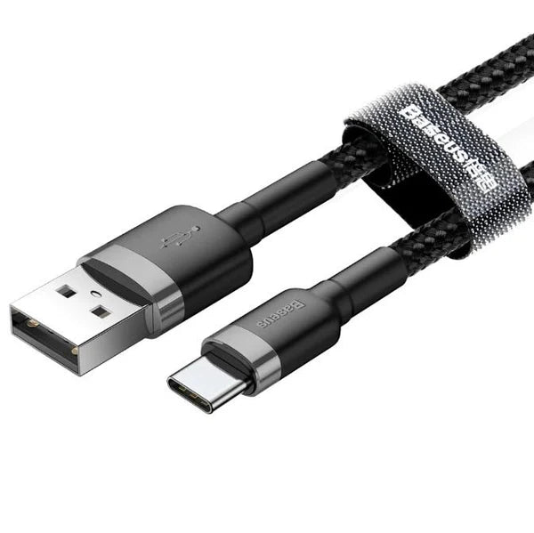 Baseus Cafule USB Type-C 3A 1M cable showing braided texture and metal-reinforced connectors for durability and high-speed charging