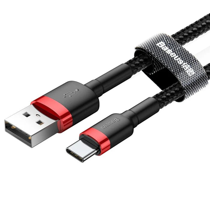 Baseus Cafule USB Type-C 3A 1M cable with red and black braided exterior, highlighting metal connectors for durability and high-speed PD charging
