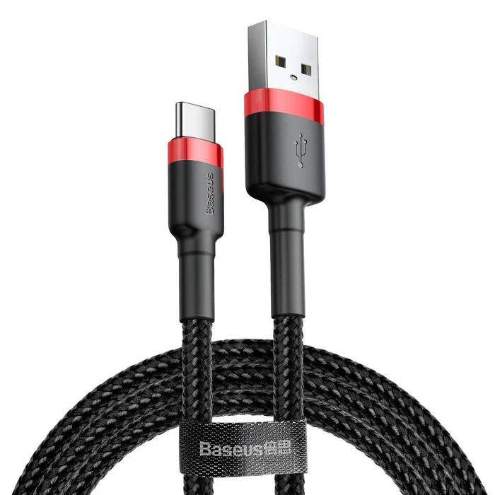 Baseus Cafule USB Type-C 3A 1M cable in red and black with braided design and fast charging support for smartphones and tablets