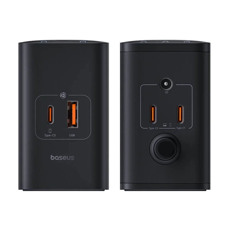 Baseus Digital GaN 240W desktop charger showing USB-C, USB-A, and DC charging ports in Cluster Black