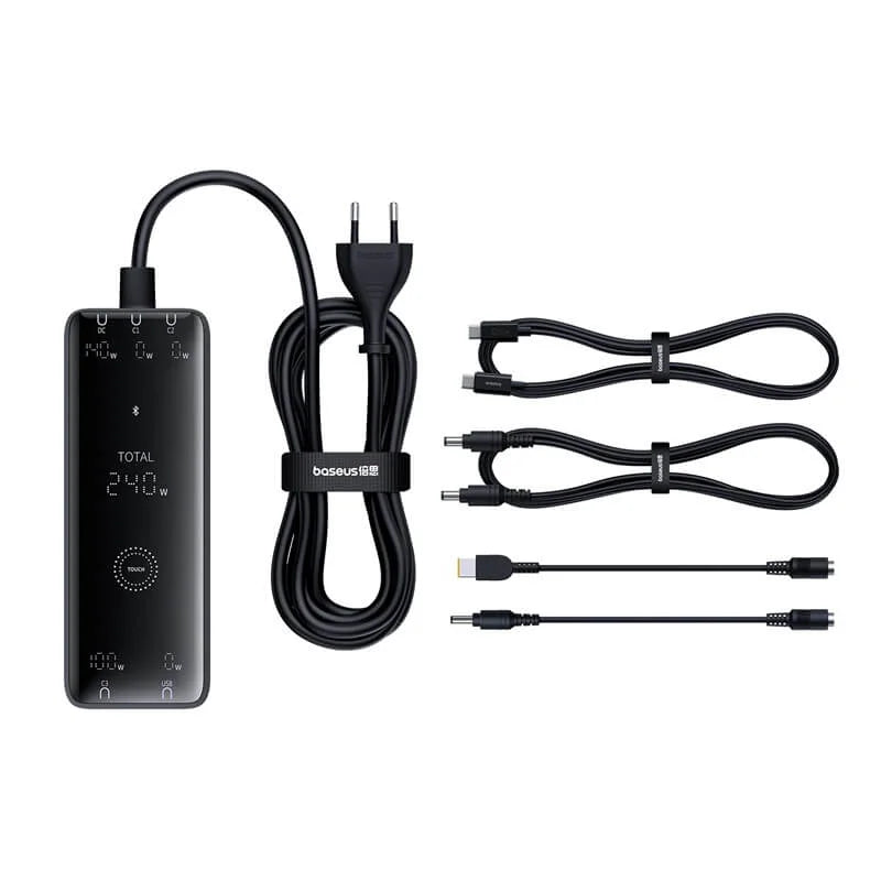 Baseus Digital GaN 240W desktop fast charger set with cables and multi-port charging accessories in Cluster Black