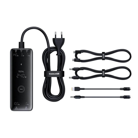 Baseus Digital GaN 240W desktop fast charger set with cables and multi-port charging accessories in Cluster Black