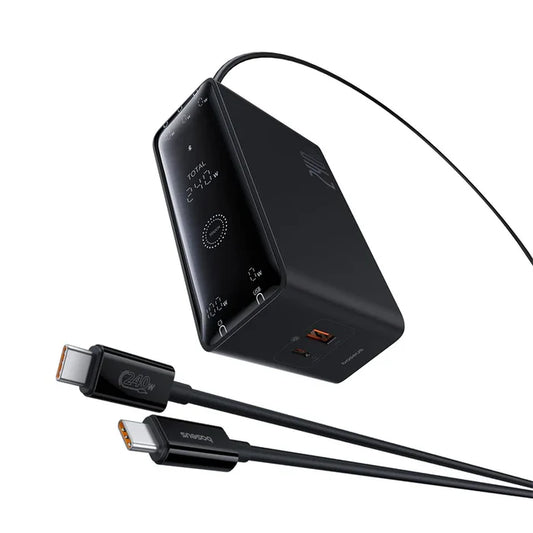 Baseus Digital GaN 240W intelligent desktop fast charger with display and connected USB-C cables