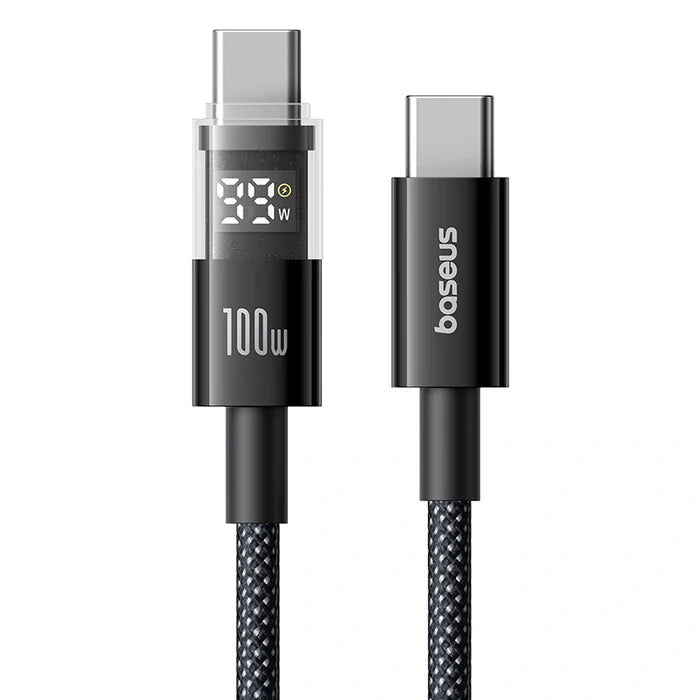 Close-up of BASEUS USB-C to USB-C 100W Fast Charging Cable highlighting the LED display and cable flexibility