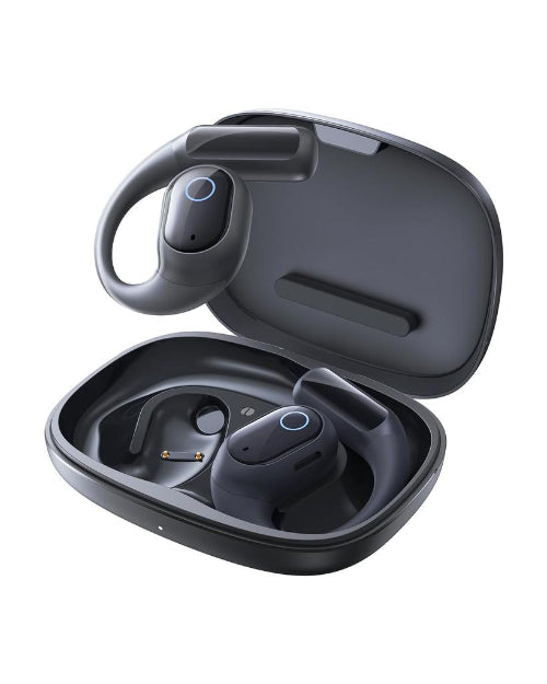 Baseus ELI 10I FIT black open-ear TWS earbuds floating above open charging case front view