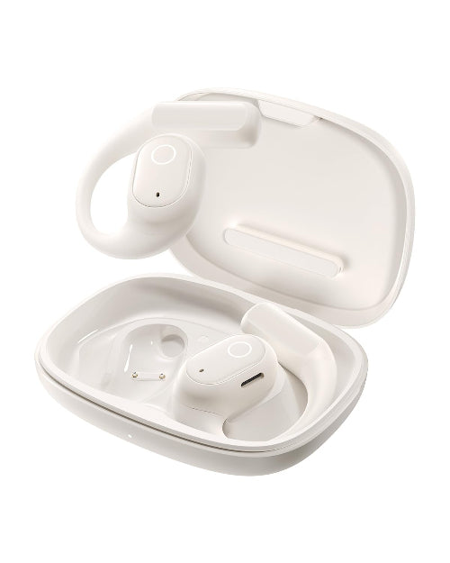Baseus ELI 10I FIT white open-ear TWS earbuds floating above open charging case front view